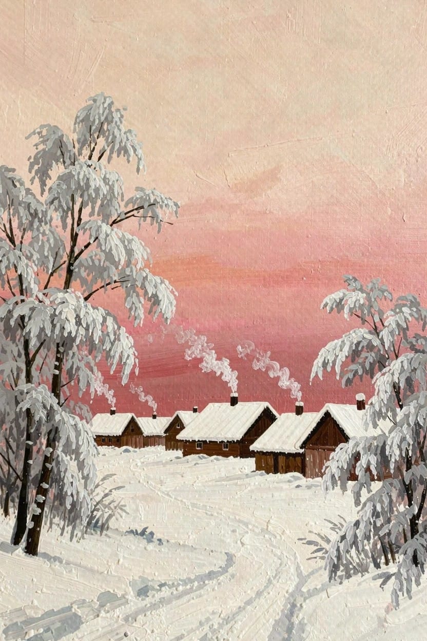Oil painting depicting snow-covered wooden cabins with chimney smoke rising into a pink sky, framed by snow-laden trees and a snowy path.