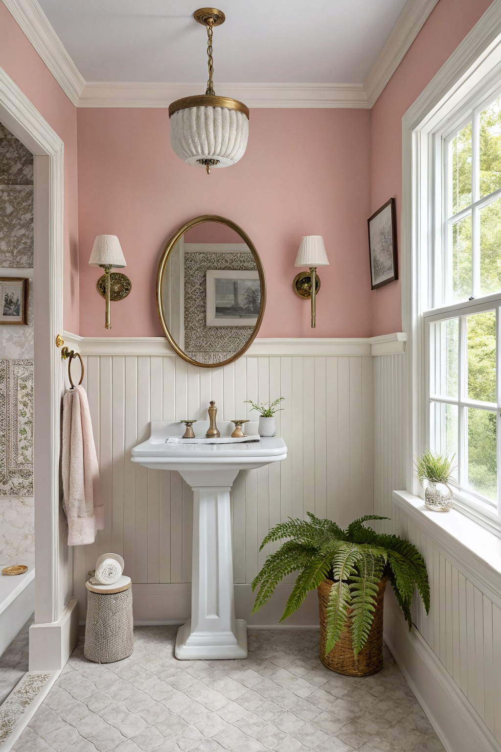 Cozy bathroom featuring soft blush pink upper walls above white wainscoting, a pedestal sink, brass fixtures, plants, and natural light from a window