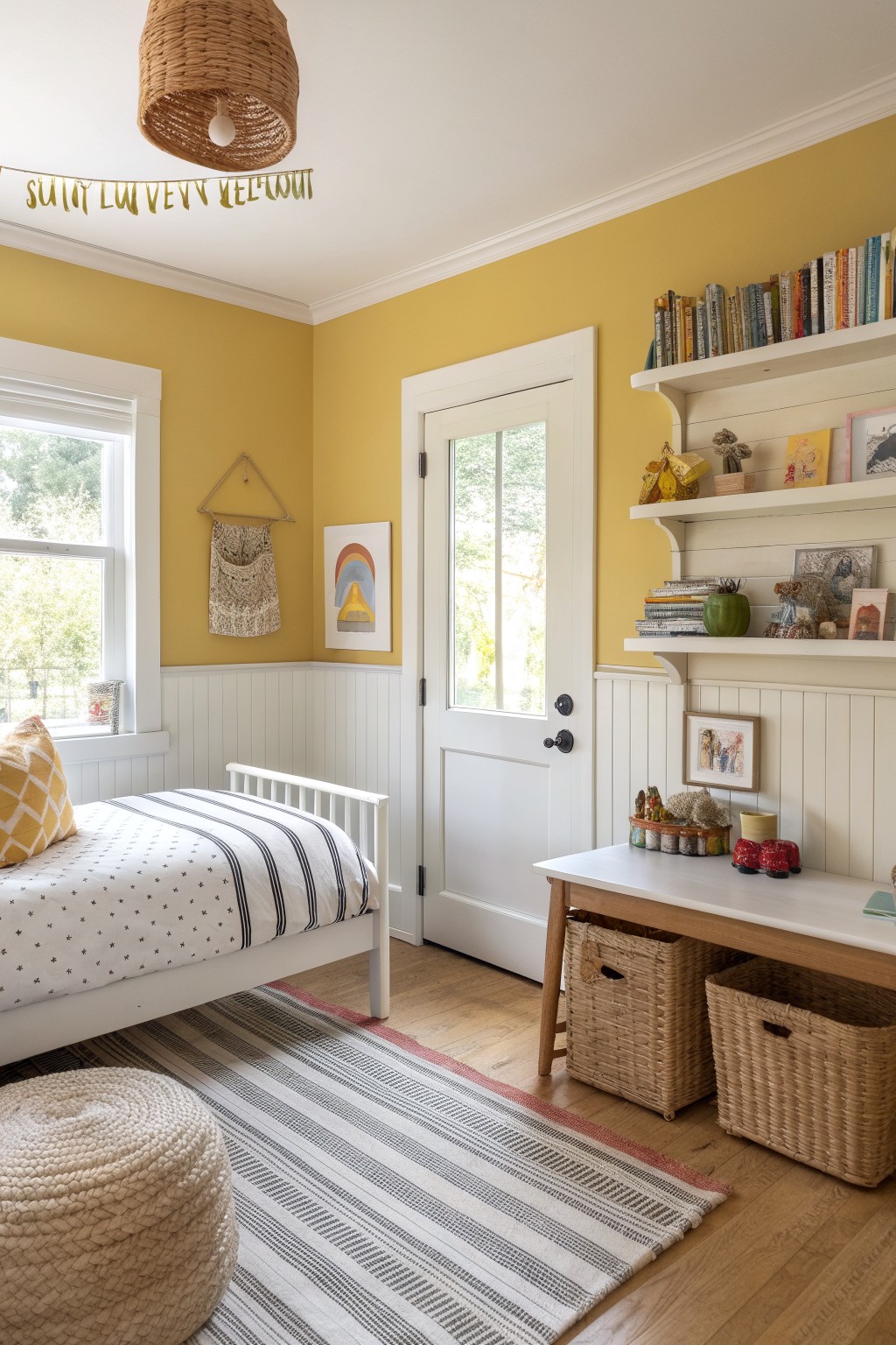 Cozy child's bedroom featuring soft buttery yellow walls, white wainscoting, bookshelves with toys and books, a small desk, twin bed, and woven pouf on hardwood floors