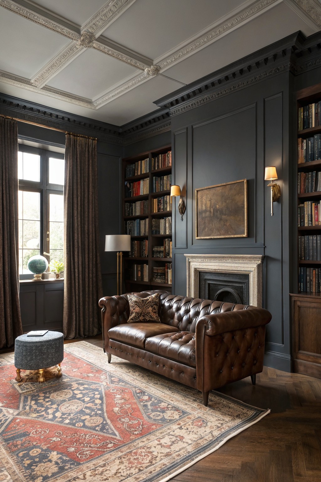 Cozy library interior with deep charcoal gray paneled walls, tufted leather sofa, built-in bookshelves, marble fireplace, and warm wood floors