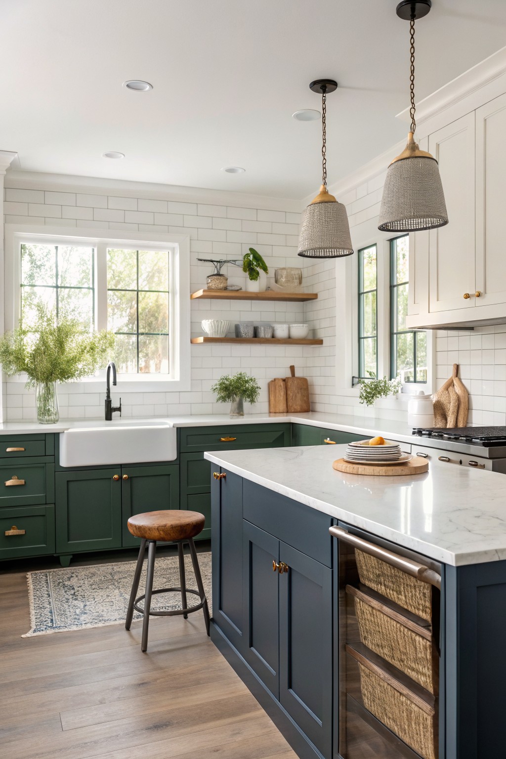 Cozy kitchen corner with deep green lower cabinets, white subway tile backsplash, navy blue island, farmhouse sink, wooden stool, and plants on open shelves