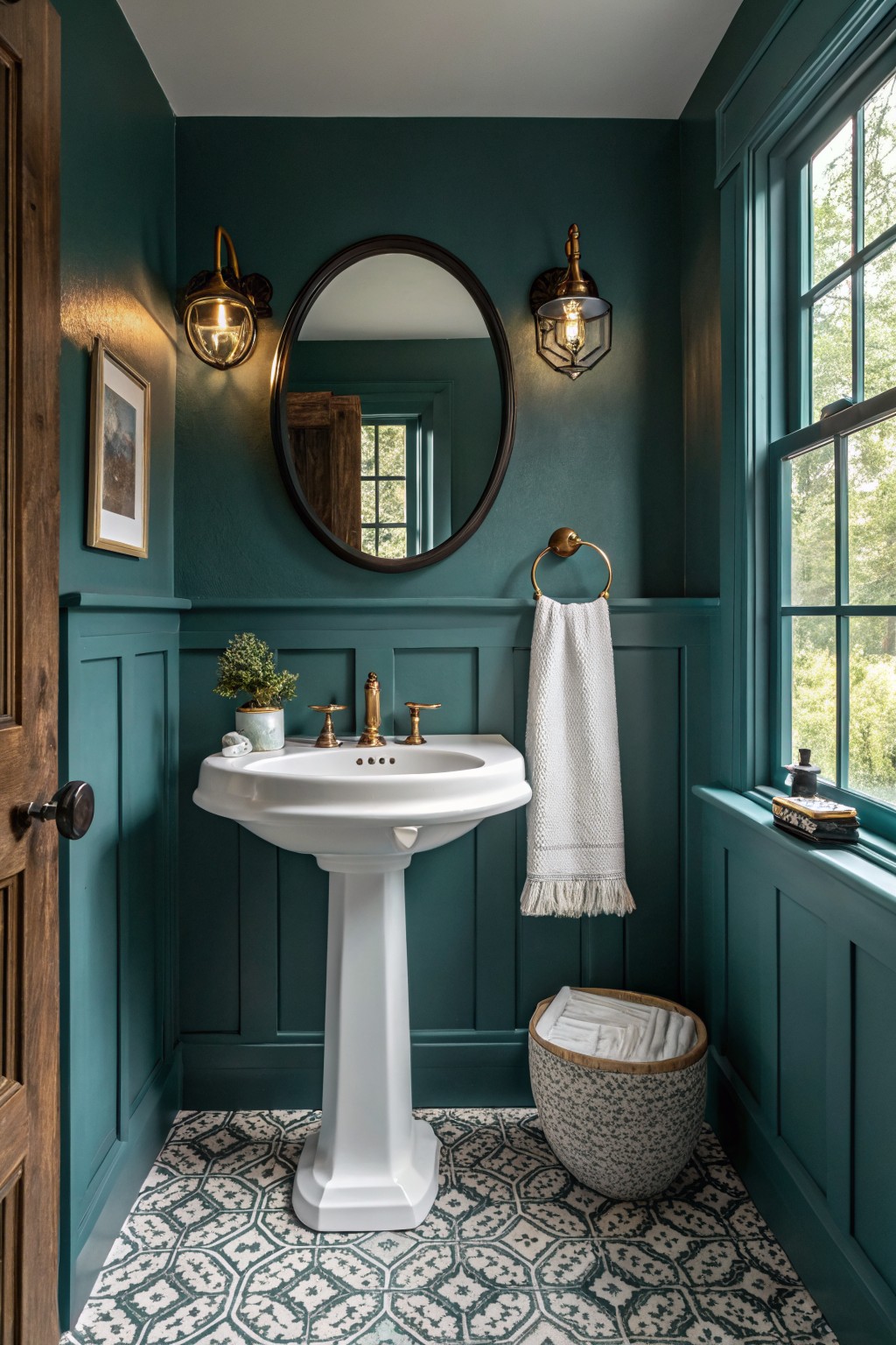 Powder room with deep teal wainscoted walls, white pedestal sink, brass faucet and towel bar, round mirror, and patterned tile floor by a window