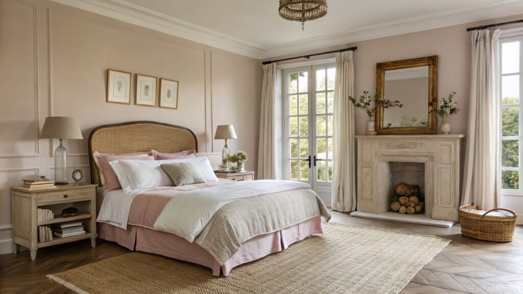 Cozy bedroom featuring pale greige walls alongside exposed stone, a tufted bed, and French doors to the garden