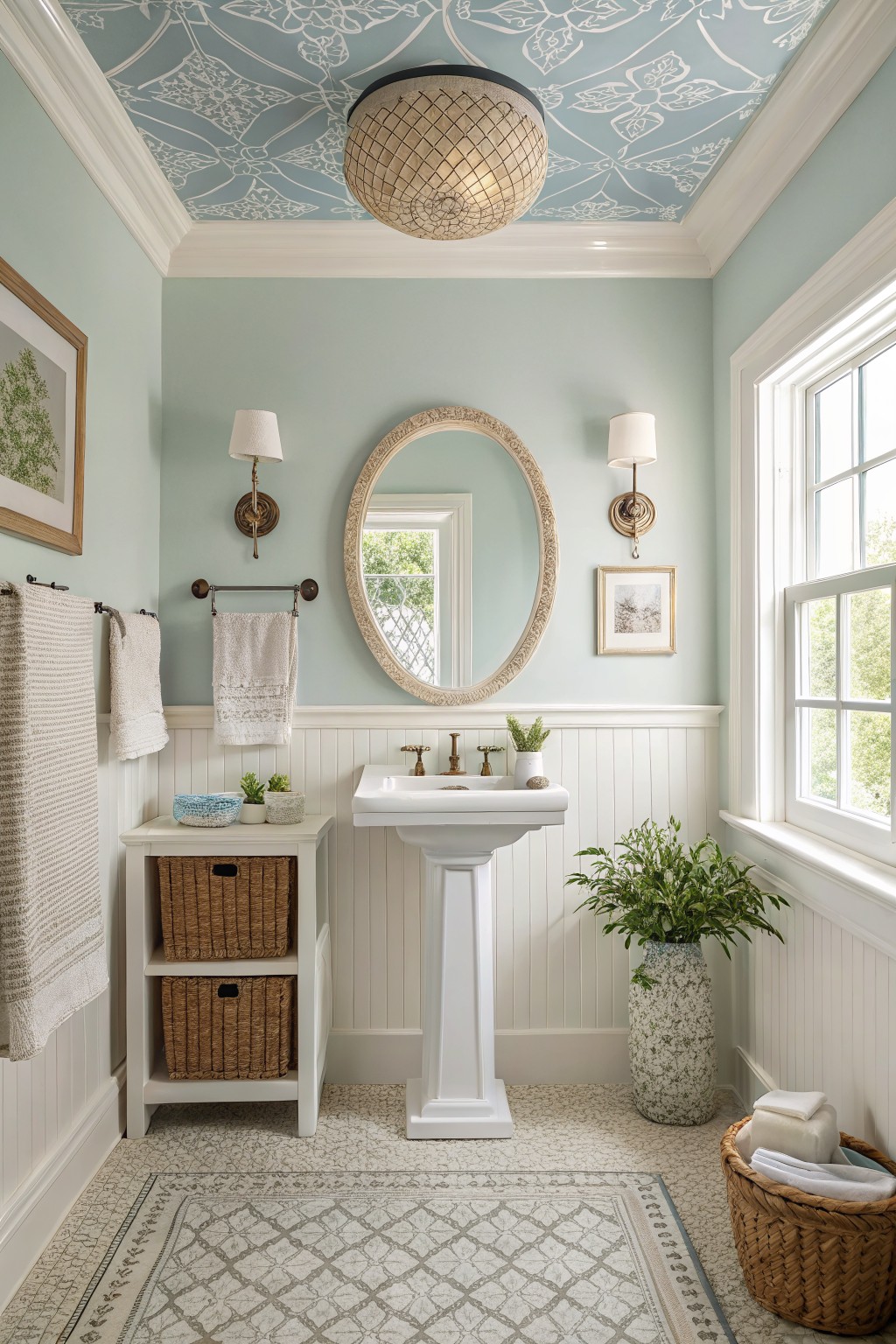 Cozy bathroom with pale blue-green walls, white pedestal sink, round mirror flanked by sconces, and potted plants on wainscoted walls