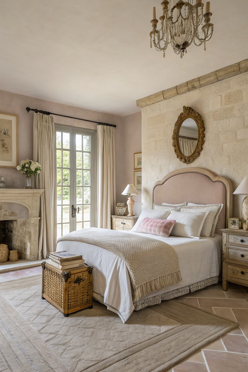 Cozy bedroom featuring pale greige walls alongside exposed stone, a tufted bed, and French doors to the garden