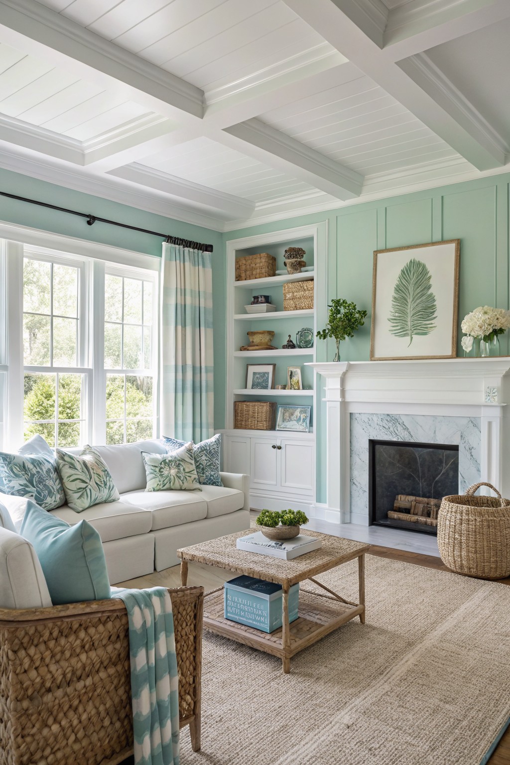 Living room with pale mint green paneled walls, white shiplap ceiling and trim, marble fireplace, white sofa with blue pillows, rattan furniture on seagrass rug