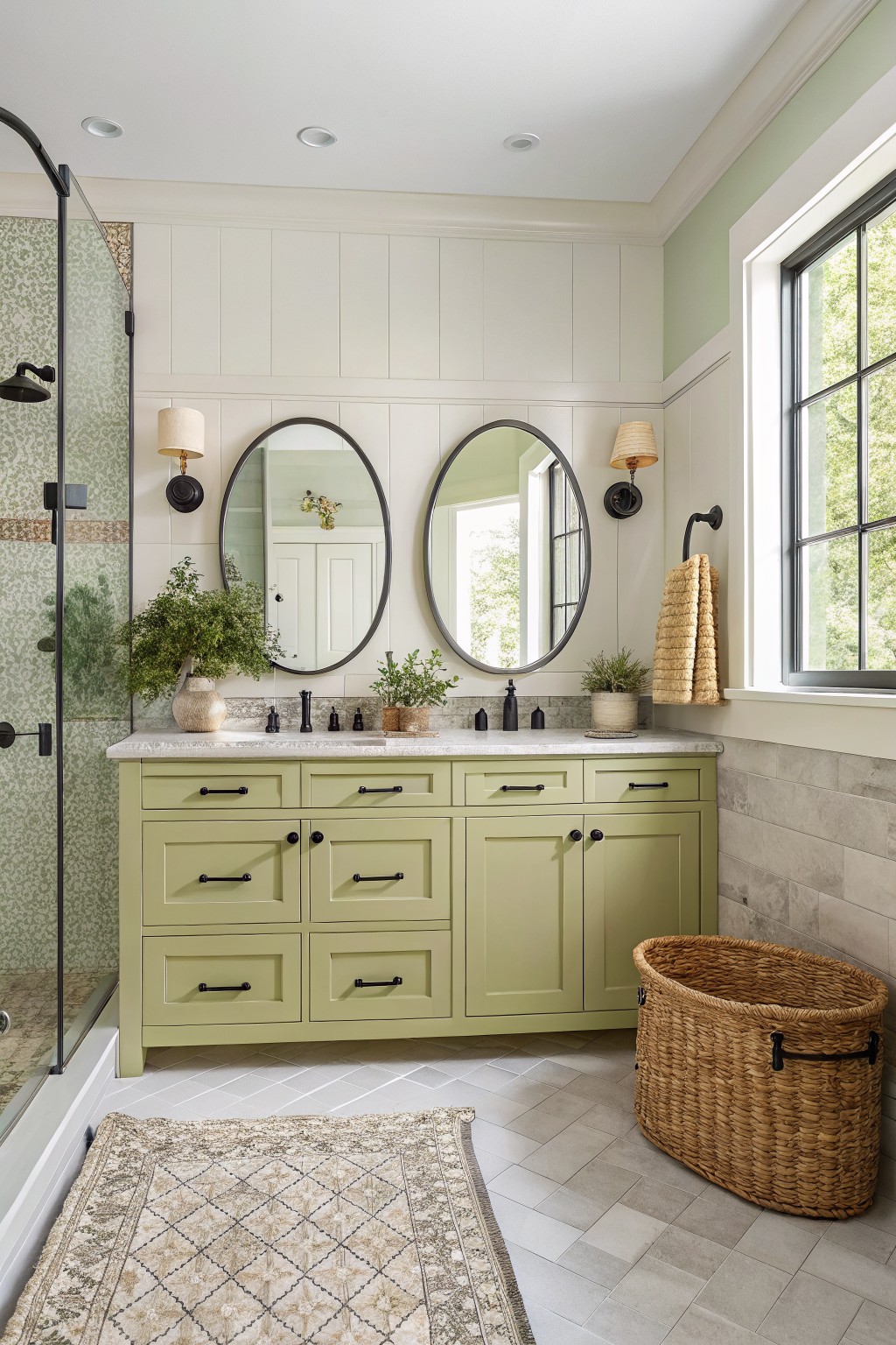 Cozy bathroom with pale sage green double vanity, oval black-framed mirrors, white shiplap walls, and greenery accents