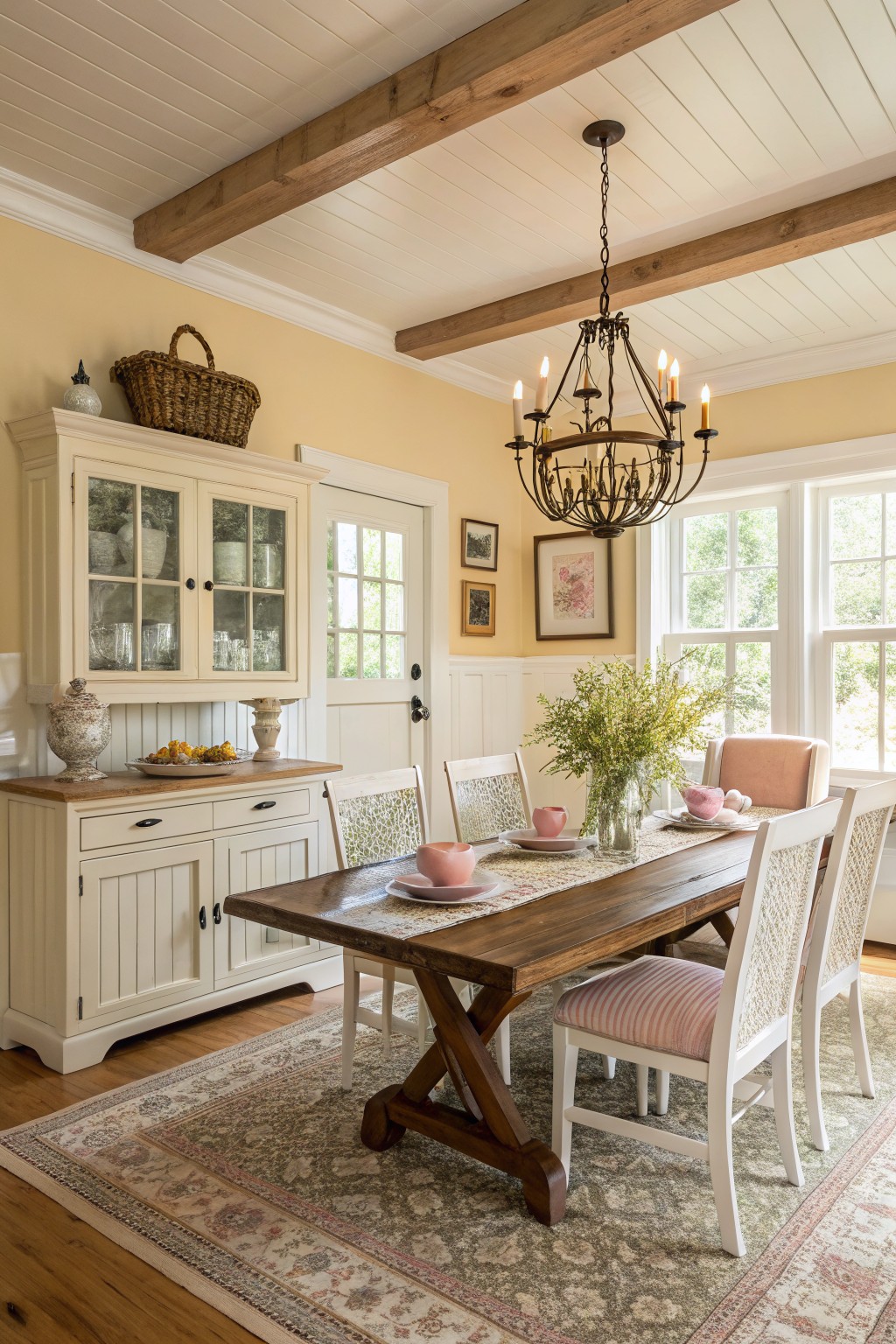 Dining room with pale yellow walls, exposed wood beams, white cabinets, farmhouse table, and chandelier over oriental rug
