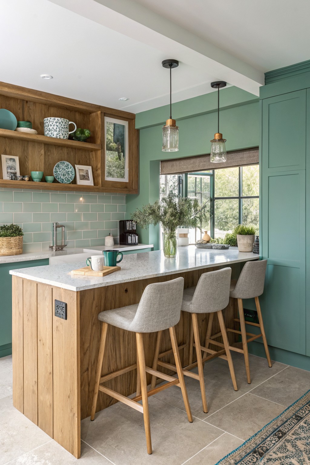 Cozy kitchen featuring soft sage green cabinets, wooden open shelves with ceramics, white quartz island with stools, and greenery accents