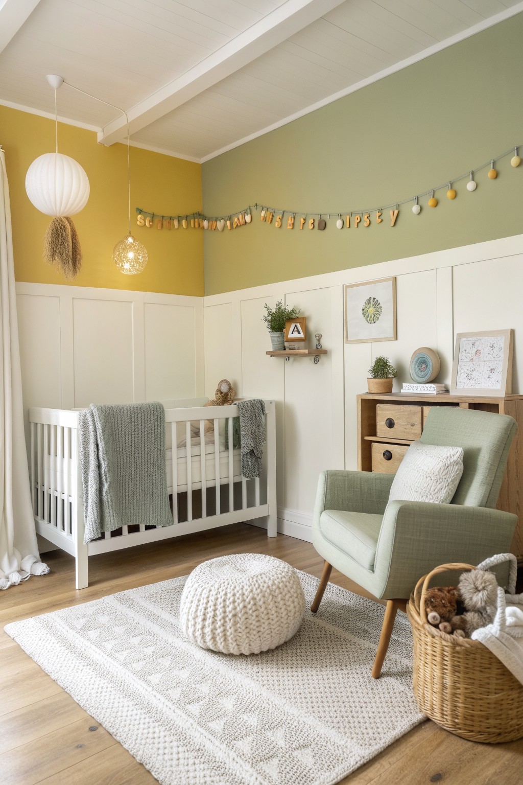 Cozy nursery room with soft sage green and mustard yellow walls, white paneled lower walls, wooden crib draped in gray blankets, green armchair, pouf, basket of toys, and hanging garland.