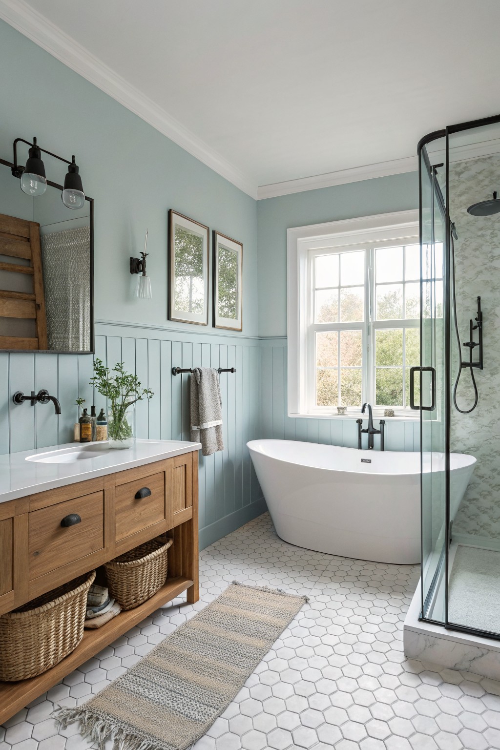 Cozy bathroom featuring soft blue-green paneled walls, wood vanity with baskets, freestanding white tub, and glass shower with natural light