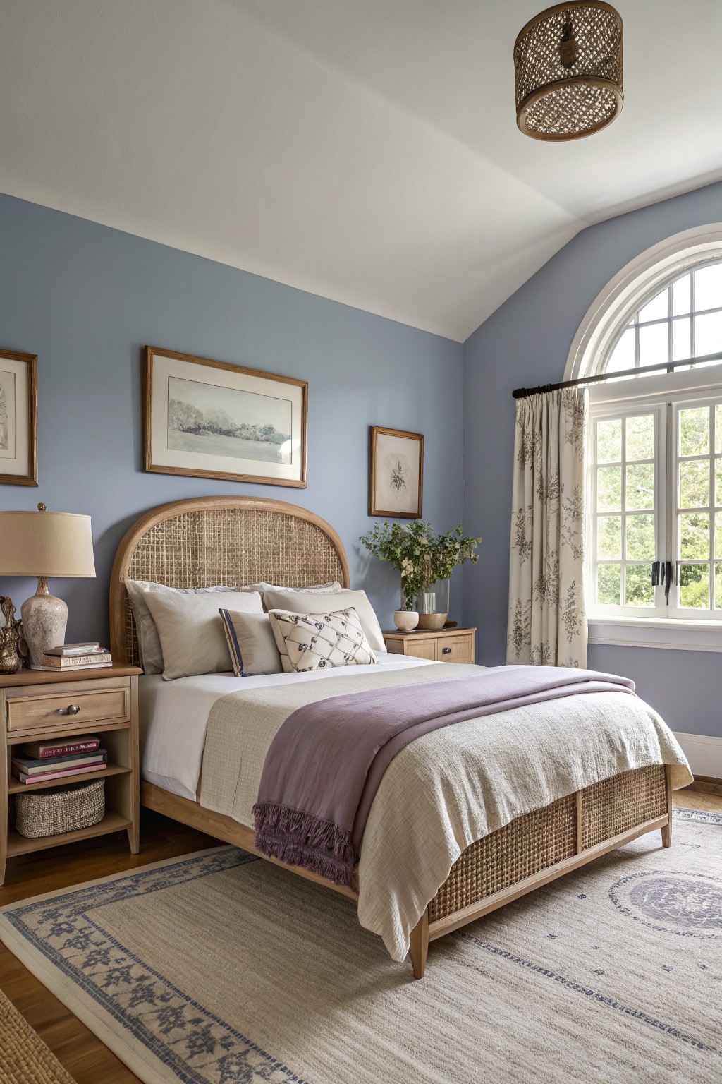 Cozy bedroom with pale blue walls, rattan bed frame draped in purple throw, wood nightstands, botanical prints, and arched window with sheer floral curtains