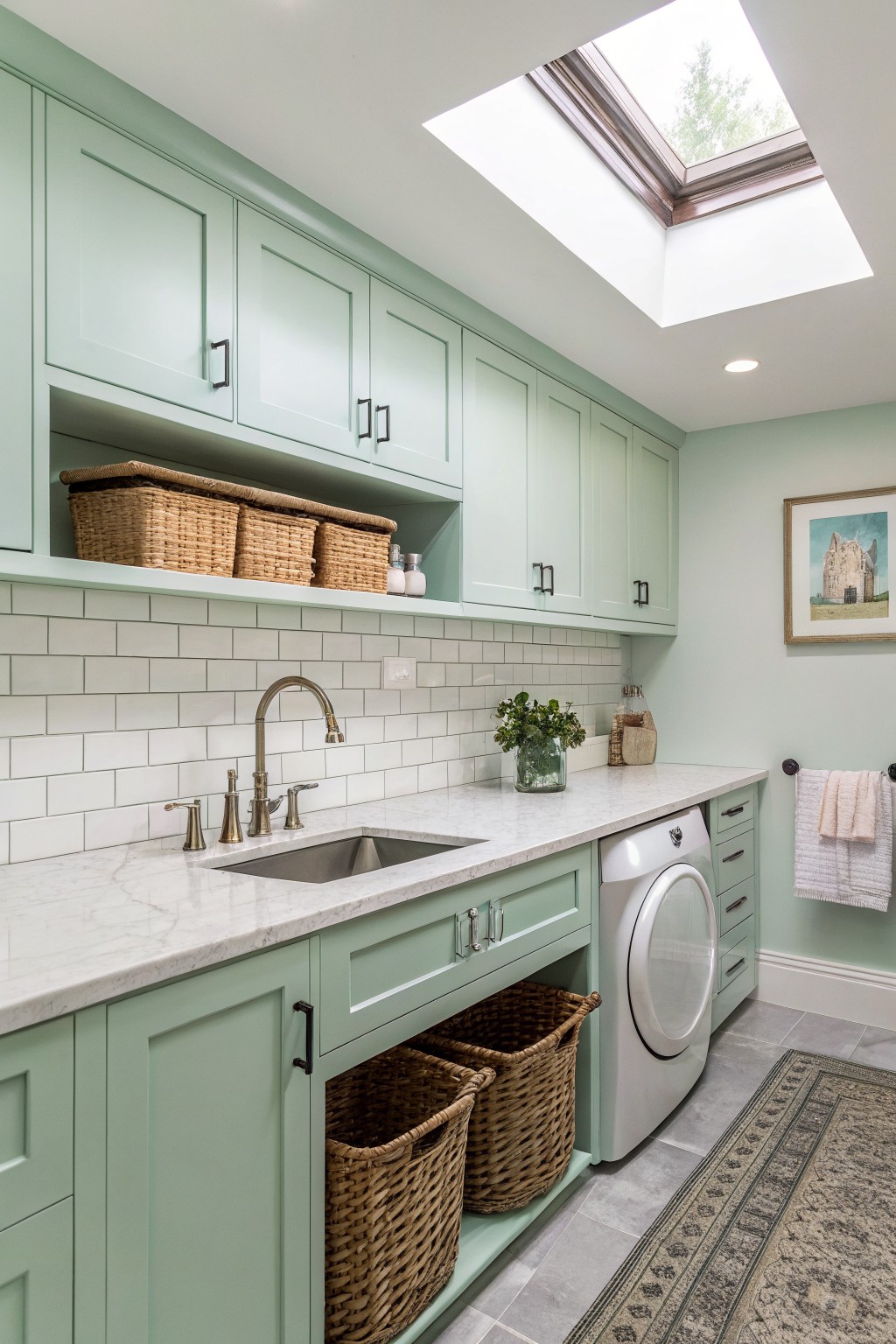 Laundry room featuring soft sage green shaker-style cabinets, white subway tile backsplash, marble countertop with stainless sink, front-load washer, wicker baskets, and skylight overhead
