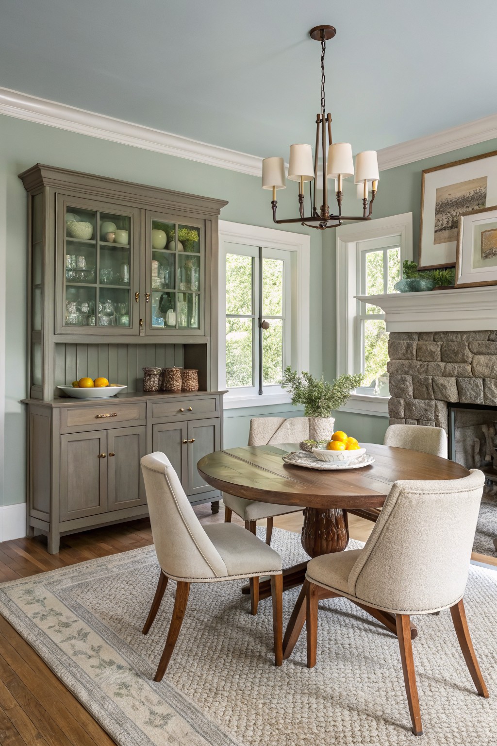 Cozy dining corner with pale sage green walls and cabinetry, round wood table with lemons, cream upholstered chairs, stone fireplace, and soft rug