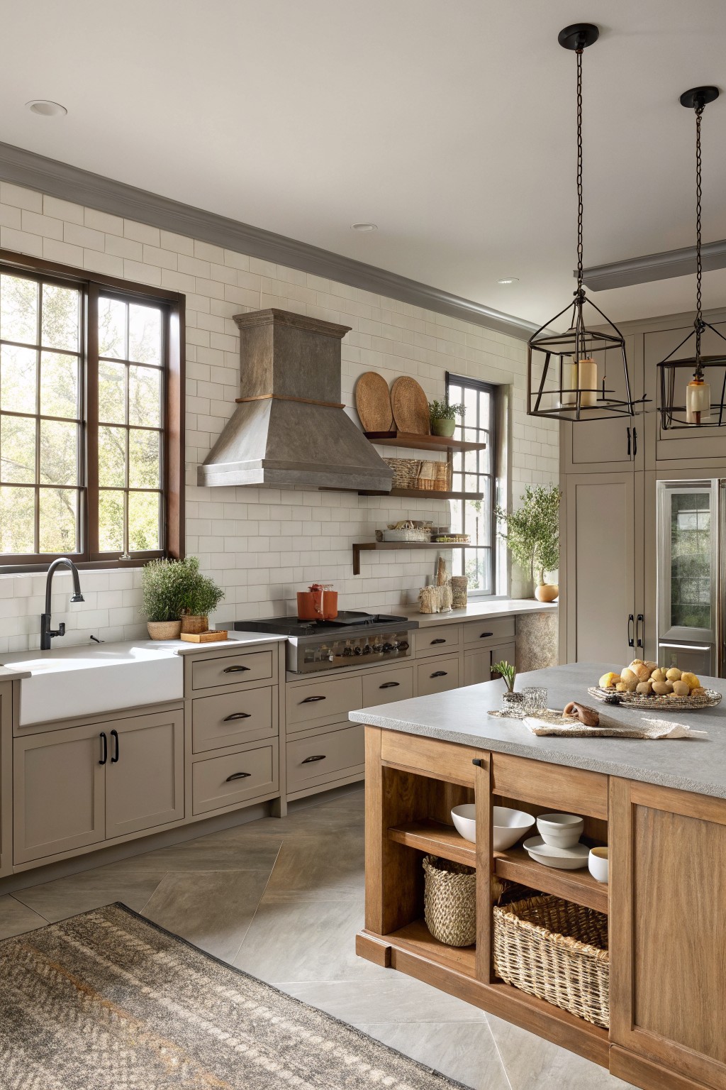 Cozy kitchen featuring warm greige cabinets, white farmhouse sink, subway tile backsplash, wooden island, and hanging pendant lights