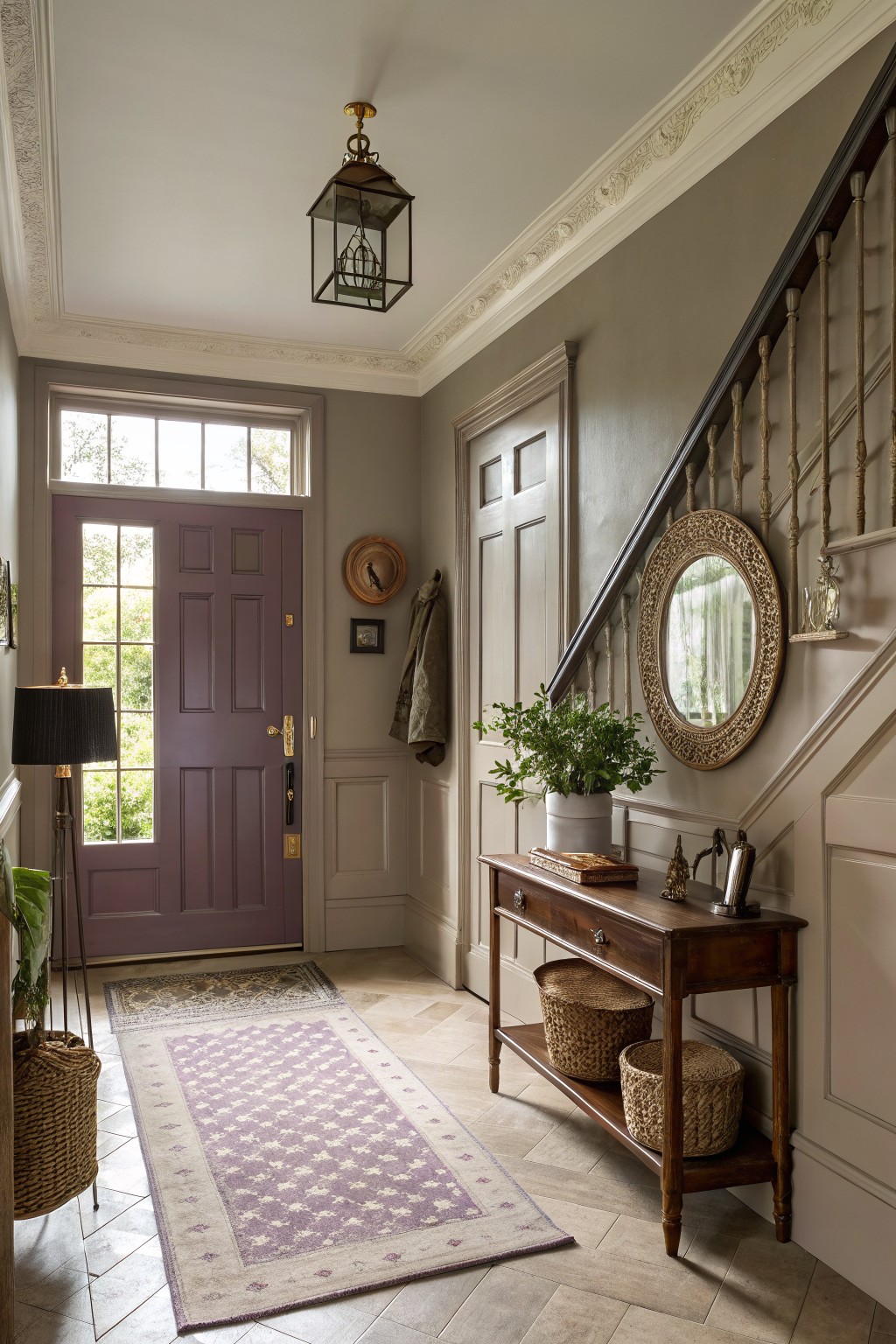 Cozy entry hall with warm greige walls, purple front door, wooden console table holding baskets and decor, ornate gilded mirror on staircase wall