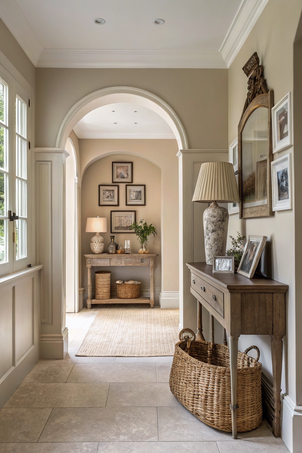 Cozy entry hallway with soft warm greige walls, wooden console tables, woven baskets, and arched doorway