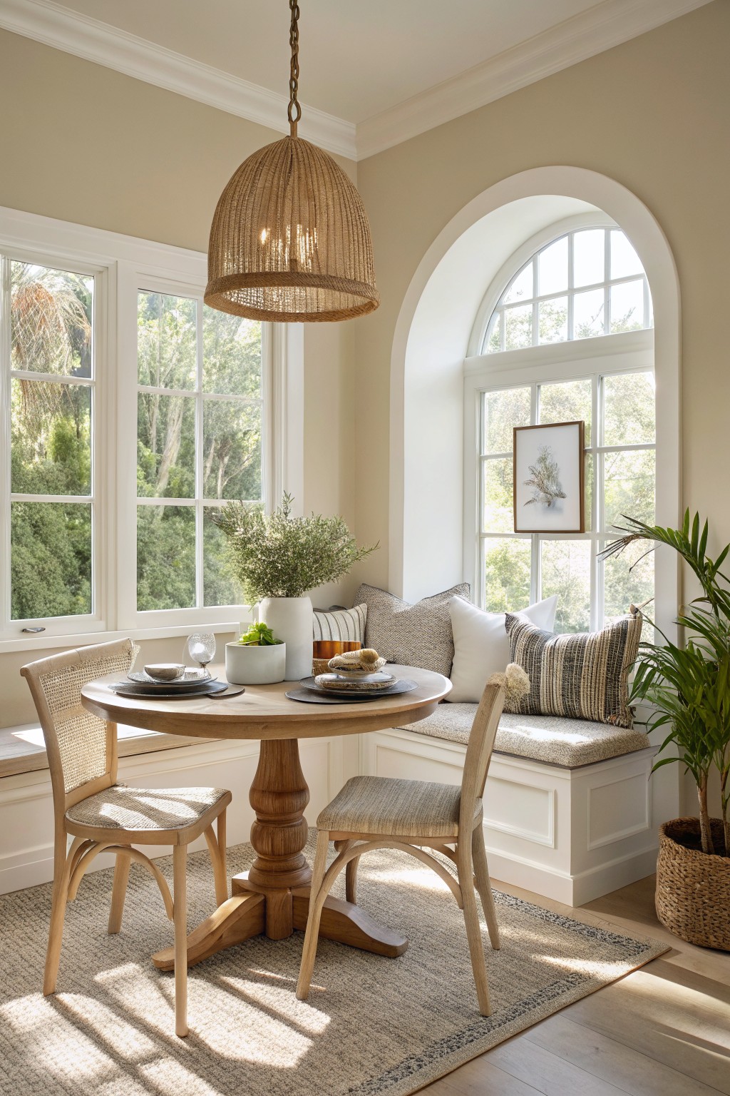Sunlit dining nook with warm greige walls, round wood pedestal table, rattan chairs, cushioned window seat, plants, and arched windows with greenery outside