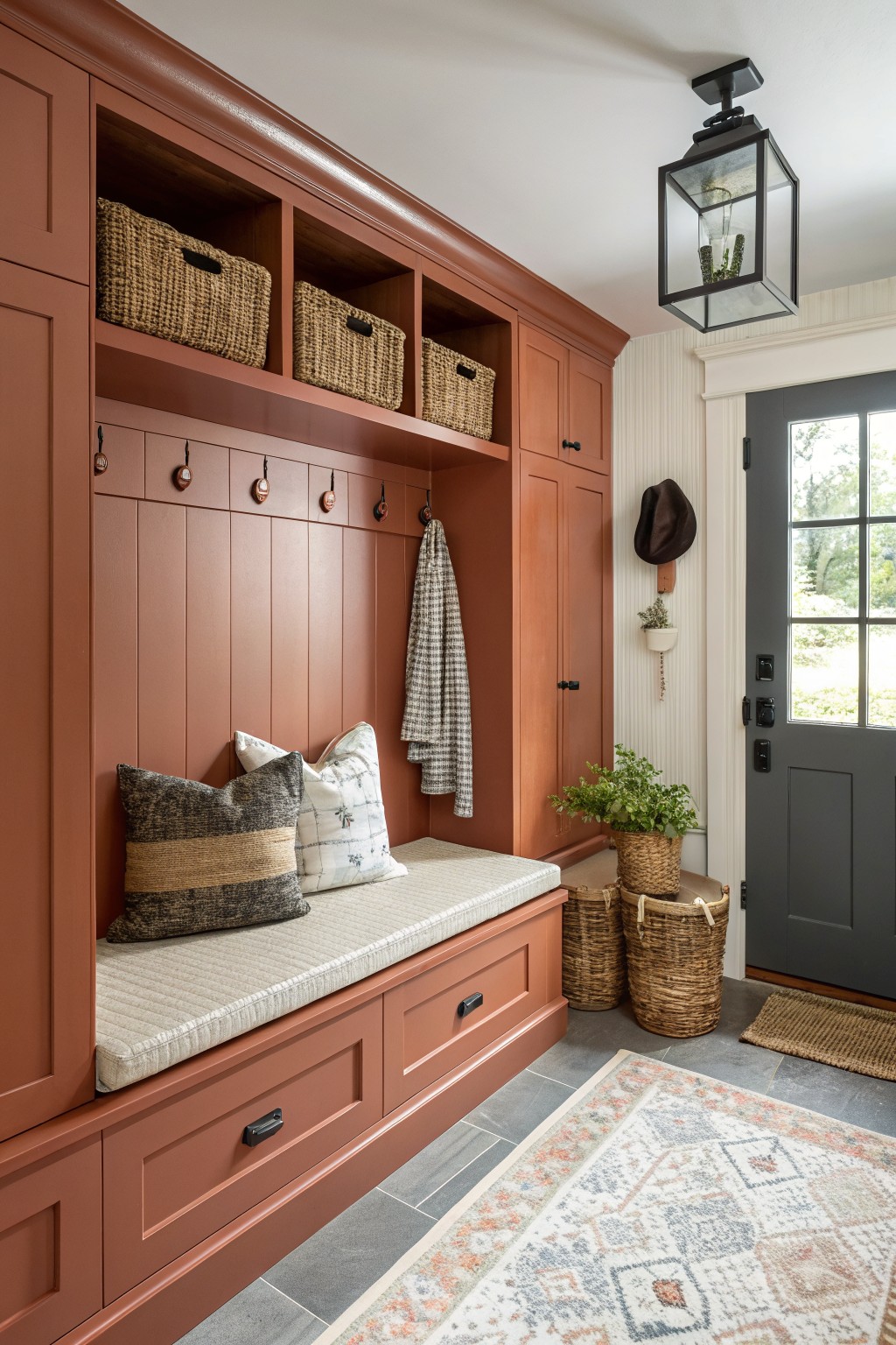 Warm terracotta cabinets in a cozy mudroom with hooks, bench, baskets, and a front door