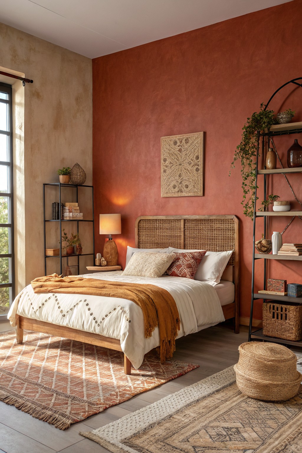 Bedroom with warm terracotta plaster walls, rattan headboard on wooden bed, layered woven rugs, and metal shelving with plants