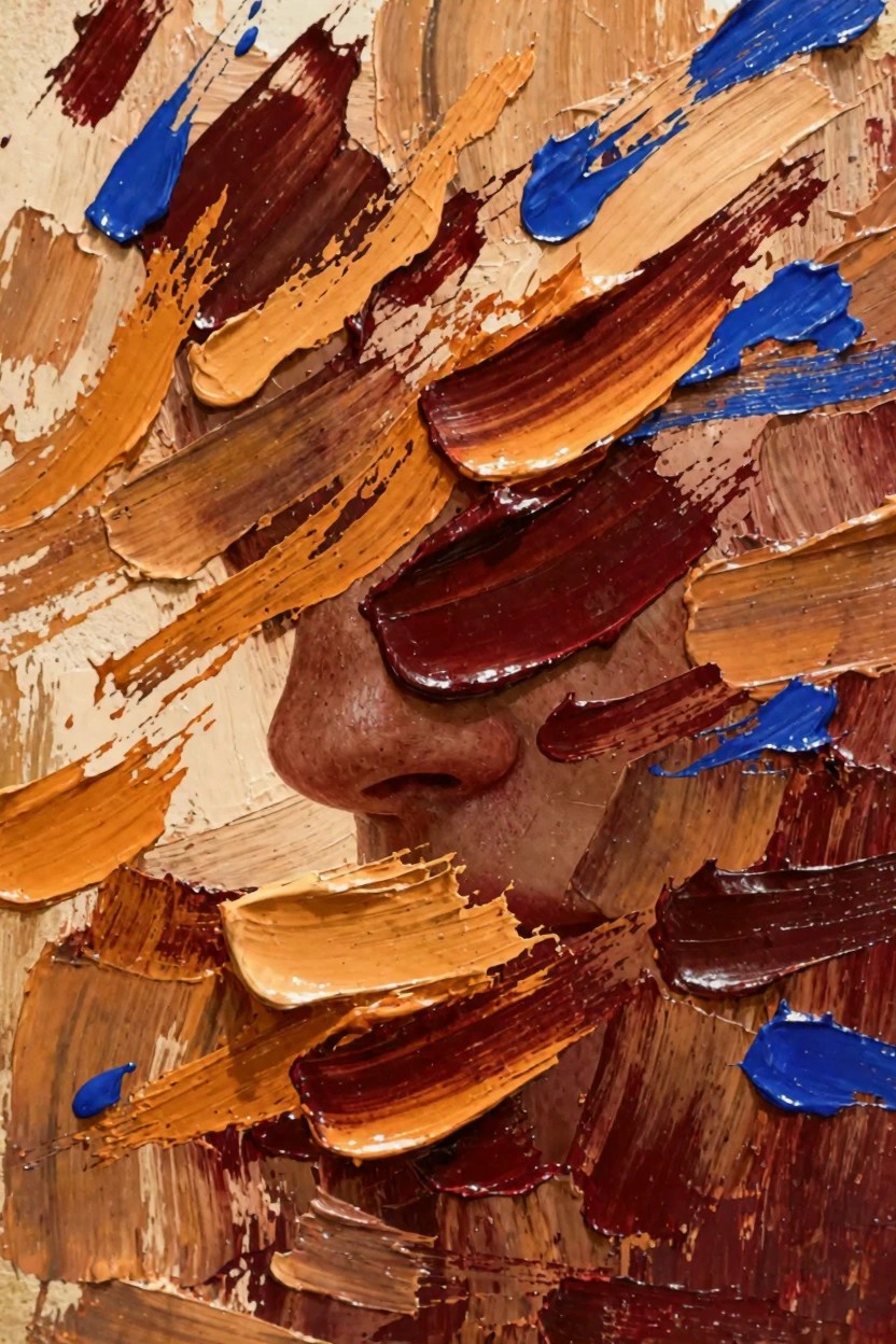 Oil painting of a partial face with nose and lips emerging from thick, textured strokes of orange, brown, red, and blue paint.