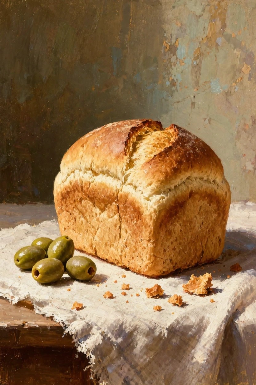 Oil painting of a crusty broken bread loaf with green olives, crumbs, and draped cloth on a wooden table against a textured wall.