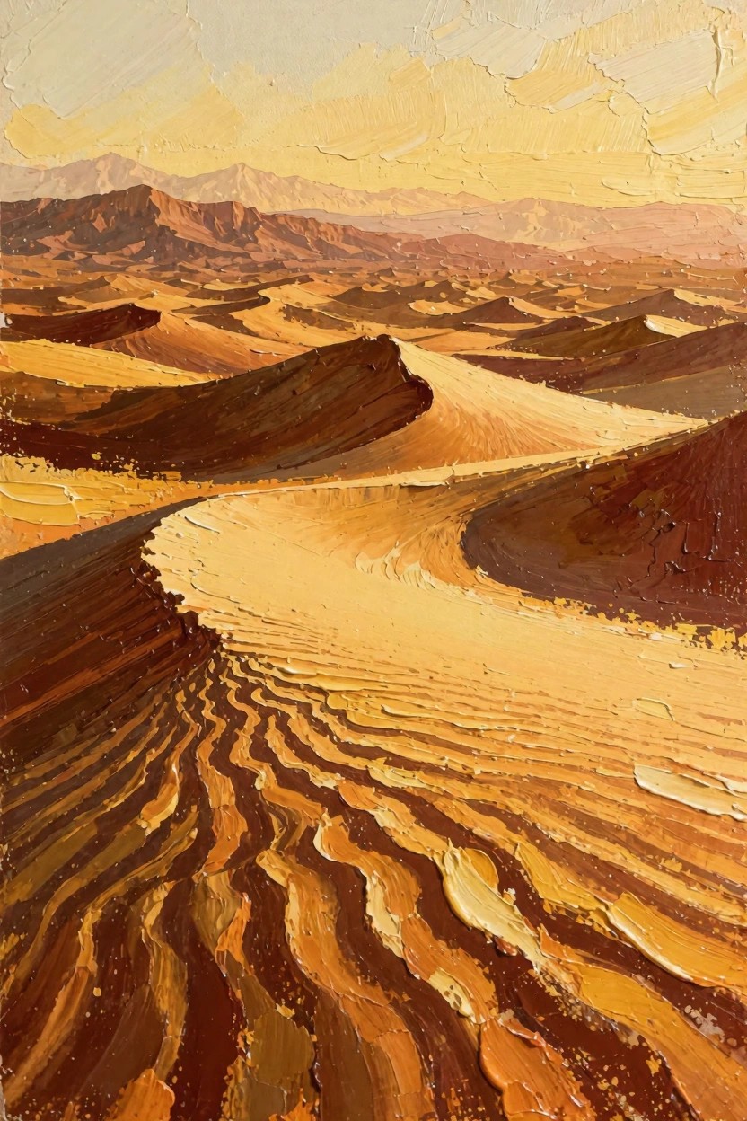 Textured oil painting of curving golden sand dunes winding through a desert with distant mountains under a warm yellow sky.