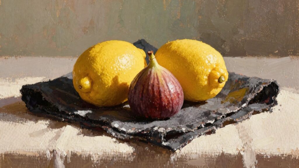 Oil painting of a yellow lemon, green fig, and purple fig on black textured cloth.