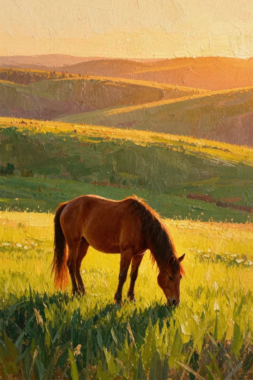 Oil painting of a brown horse grazing in tall grass amid rolling green and yellow hills at sunset.