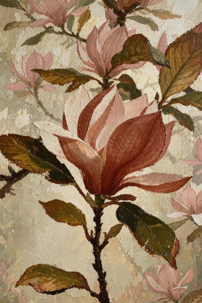 Oil painting of overlapping pink and reddish magnolia flowers with green and brown leaves on a textured beige background.