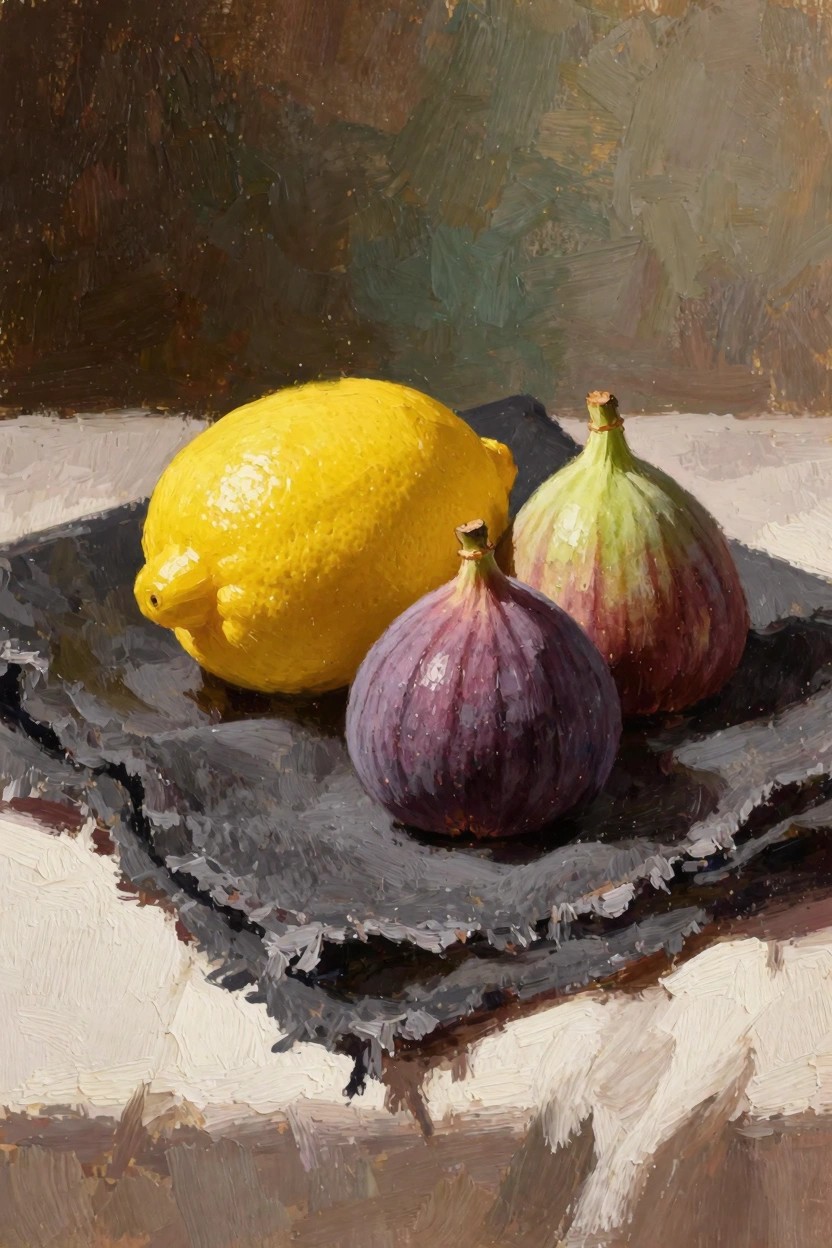 Oil painting of a yellow lemon, green fig, and purple fig on black textured cloth.