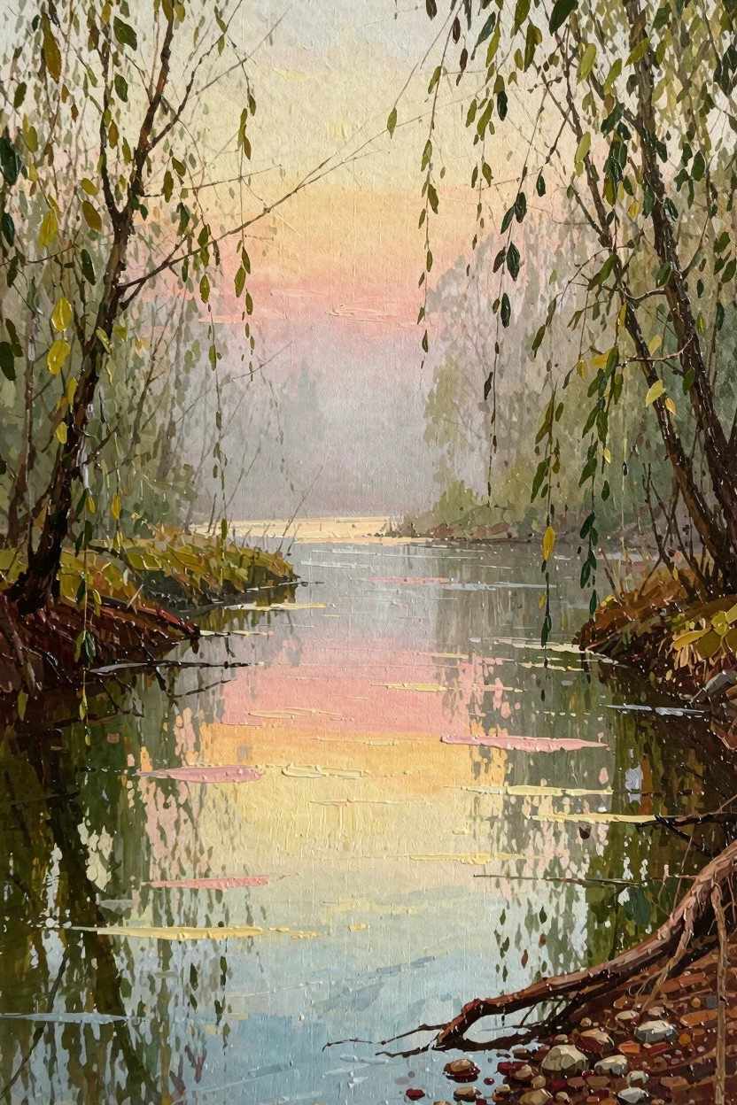 Oil painting of a calm river at sunset framed by overhanging green willow trees, with pink-orange sky reflections on the water and misty background.
