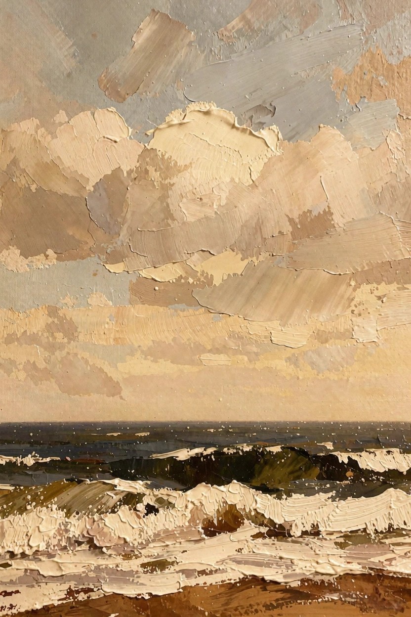 Oil painting depicting a stormy seascape with thick textured clouds, dark waves crashing on a beige sandy beach.
