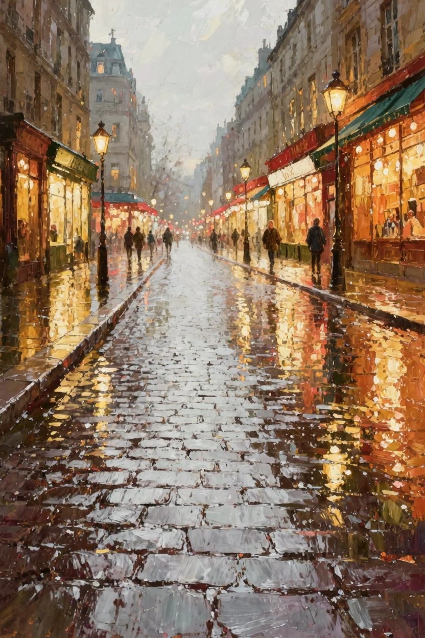 Oil painting of a rainy narrow Paris street at night with wet cobblestones reflecting warm lights from shops, lamps, and windows, figures walking away.