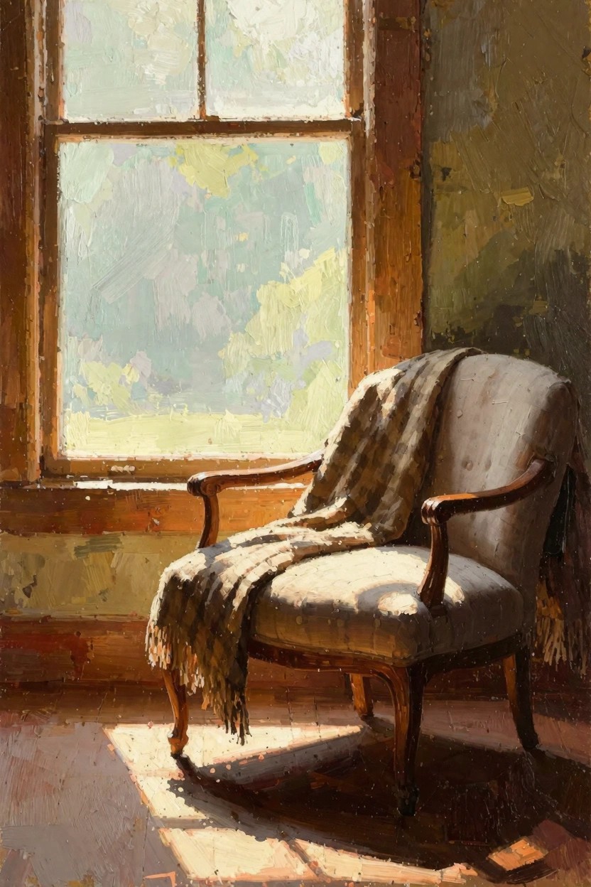 Oil painting of a cream-colored vintage armchair with a plaid blanket draped over the back, lit by sunlight from a tall wooden window overlooking green outdoors in a worn green room.