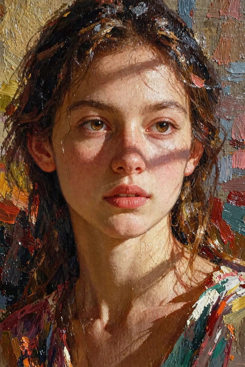 Oil portrait of a young woman with wet brown hair, green eyes, freckled skin, sidelight shadows, and textured colorful top.