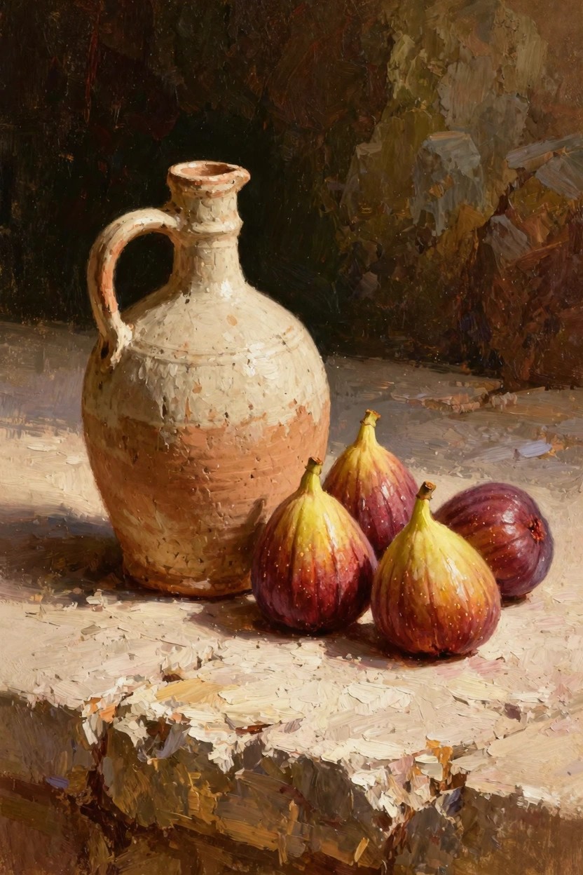 Oil painting of a beige terracotta jug next to purple and yellow figs on a cracked stone surface with dark background.