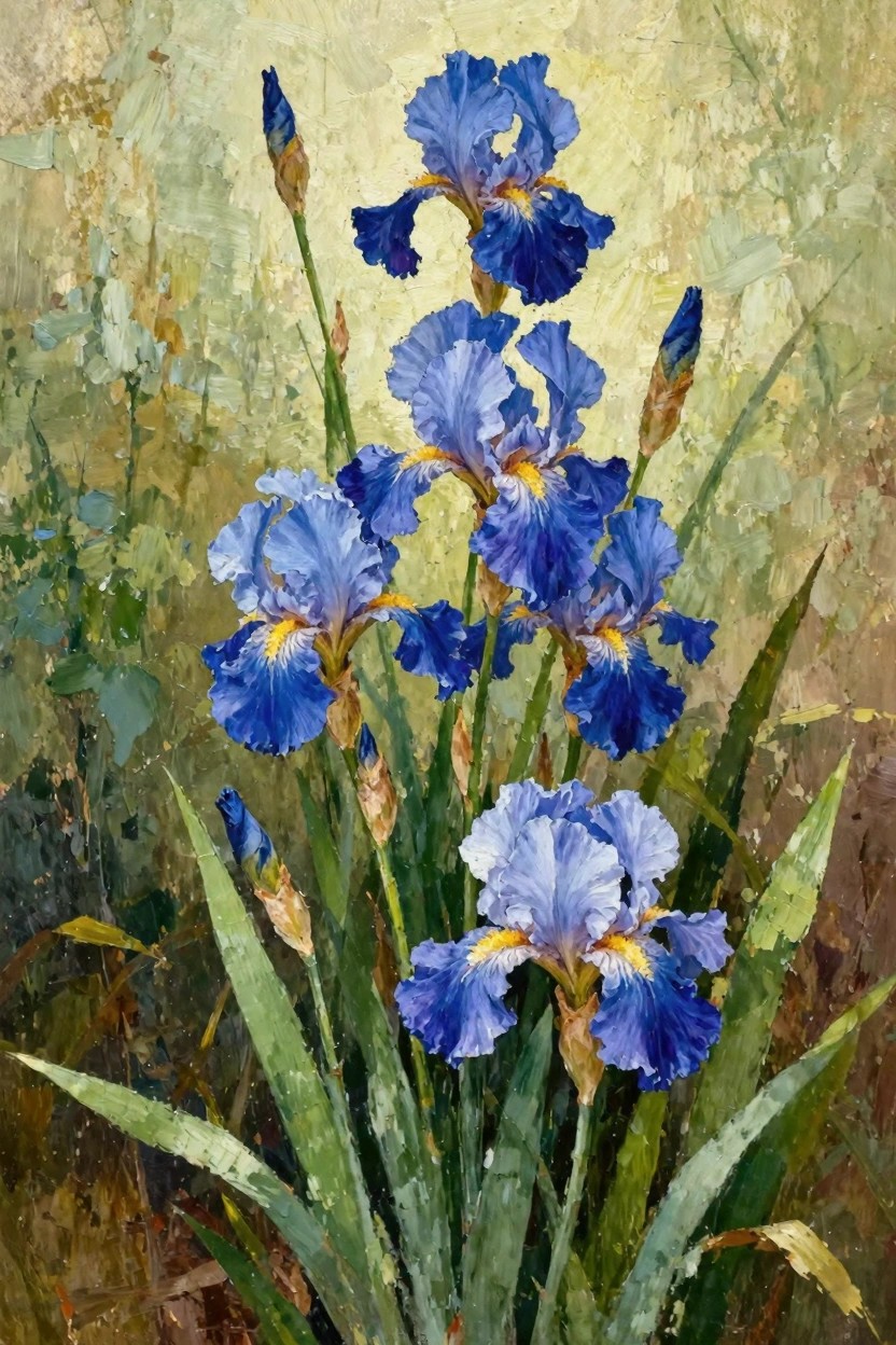 Oil painting of multiple blue irises with yellow centers and green leaves against a textured pale green and yellow background.