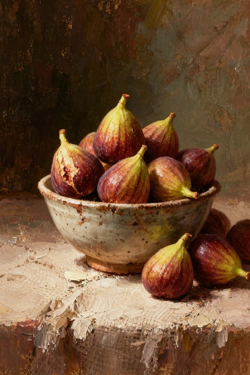 Oil painting of ripe figs piled in a cracked ceramic bowl on a linen cloth against a dark textured background.