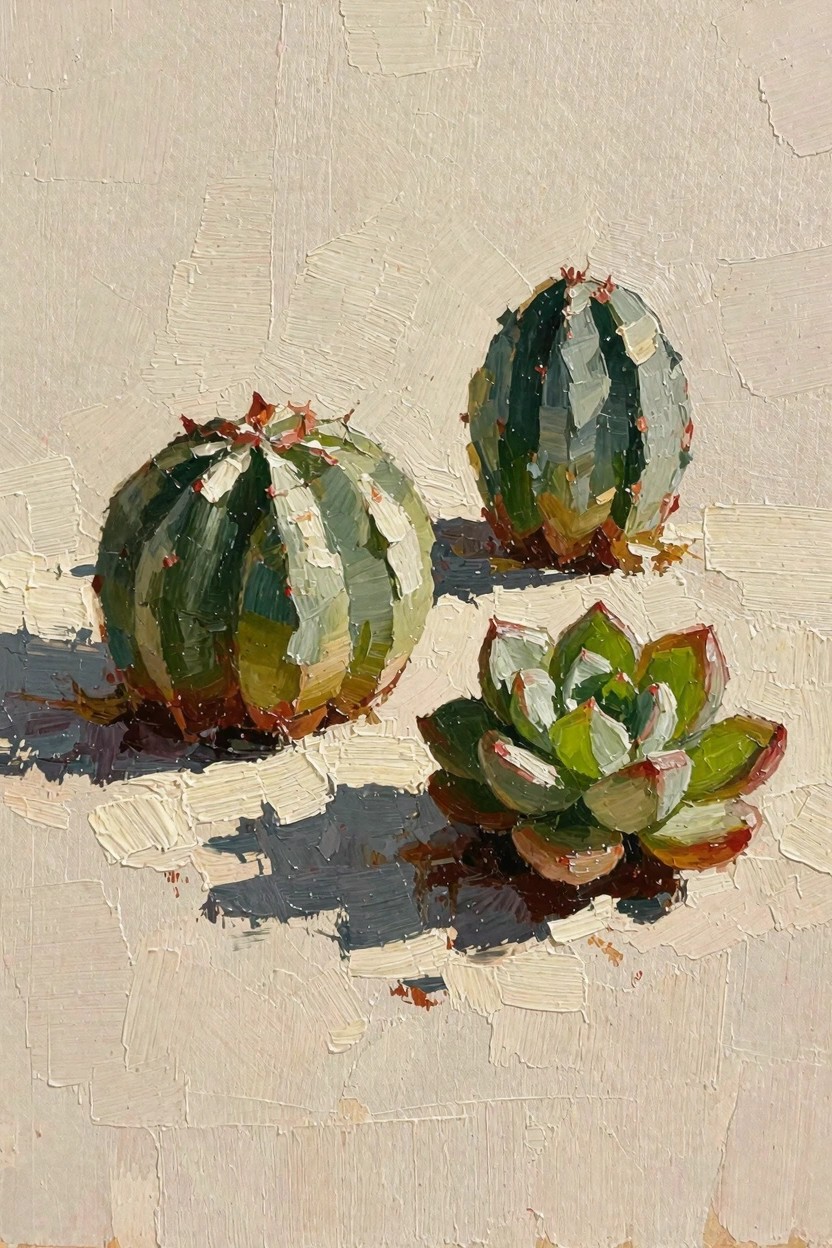 Oil painting of two green spiny cacti and one rosette succulent on a textured beige background with shadows.