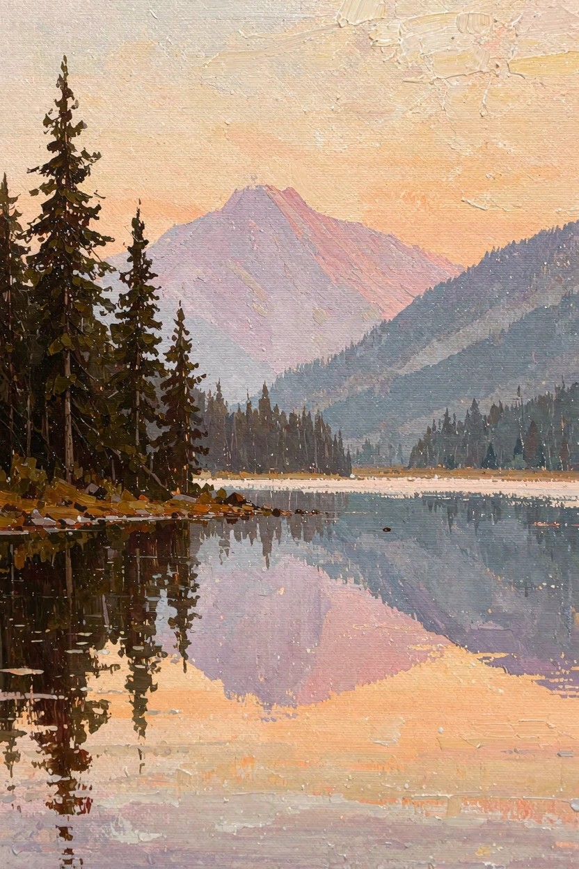 Oil painting of pine trees on a rocky shore beside a lake reflecting purple mountains and orange-pink twilight sky.