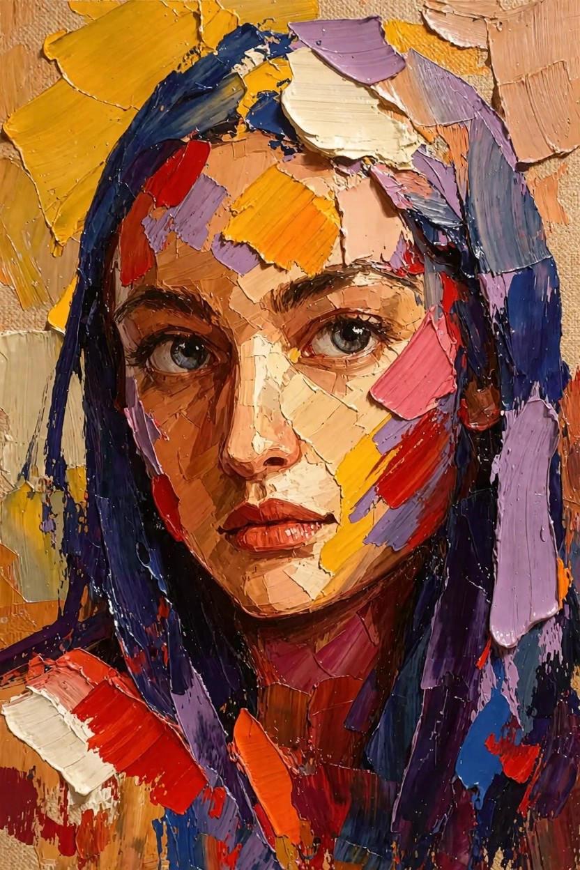 Oil painting portrait of a woman's face with blue-purple headscarf, built from thick multicolored impasto strokes.