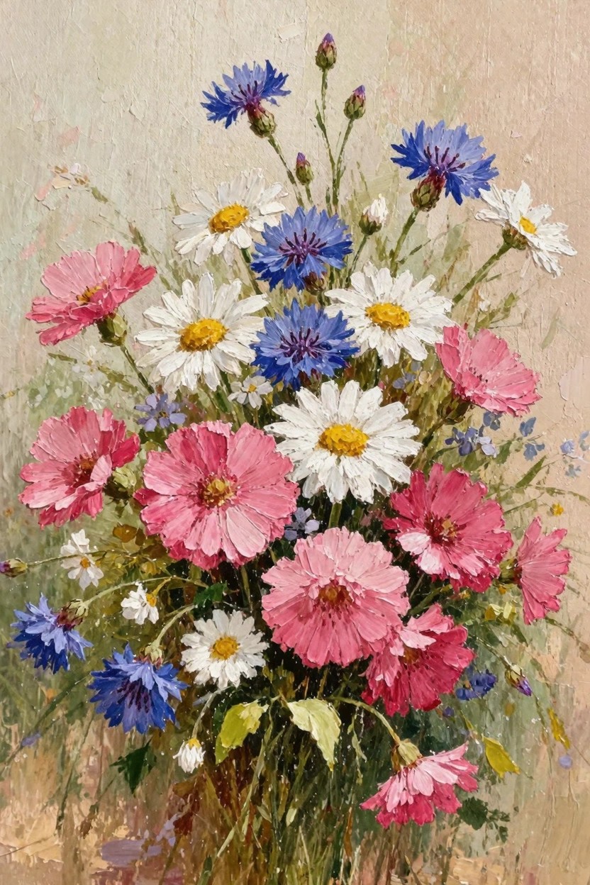 Oil painting of a mixed bouquet with white daisies, blue cornflowers, and pink flowers arranged loosely on a beige background.