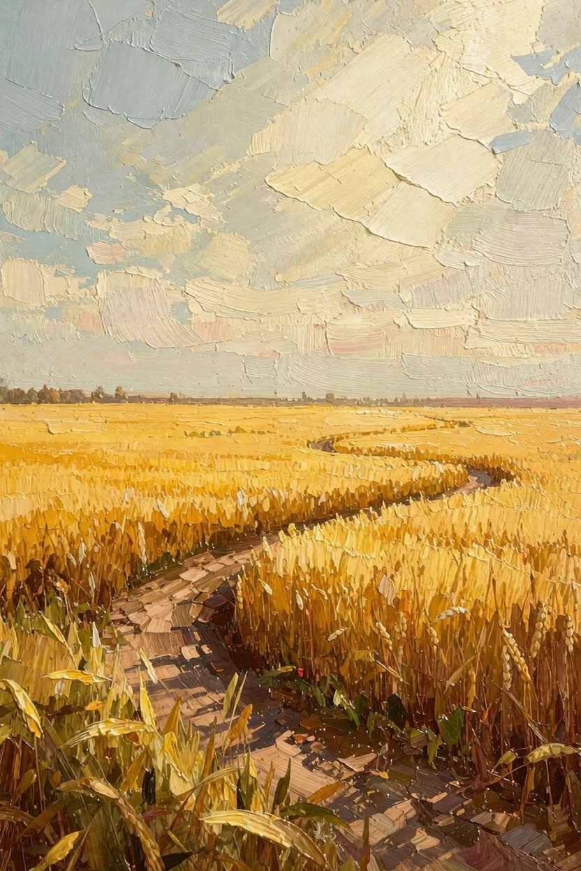Oil painting of golden wheat field with winding dirt path curving through it under cloudy sky.