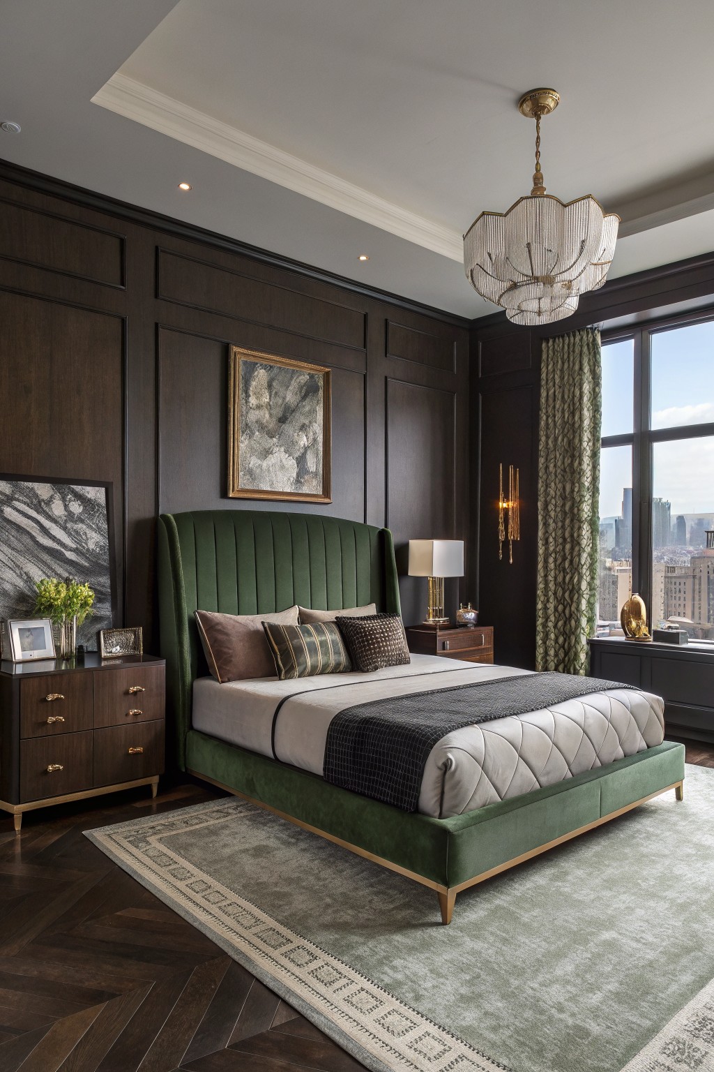 Luxurious bedroom featuring deep brown paneled walls, green velvet upholstered bed with brass legs, gold accents, and city skyline view through large windows