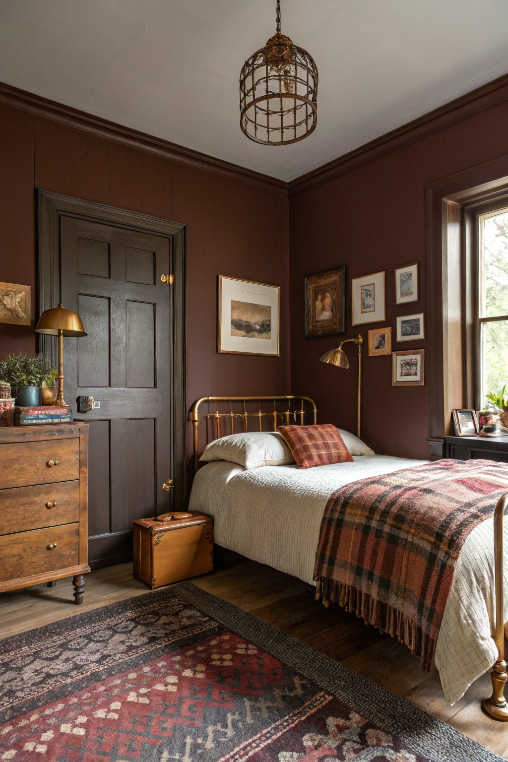 Cozy corner bedroom featuring deep burgundy walls, brass bed with plaid bedding, wooden dresser, and vintage artwork under warm lighting