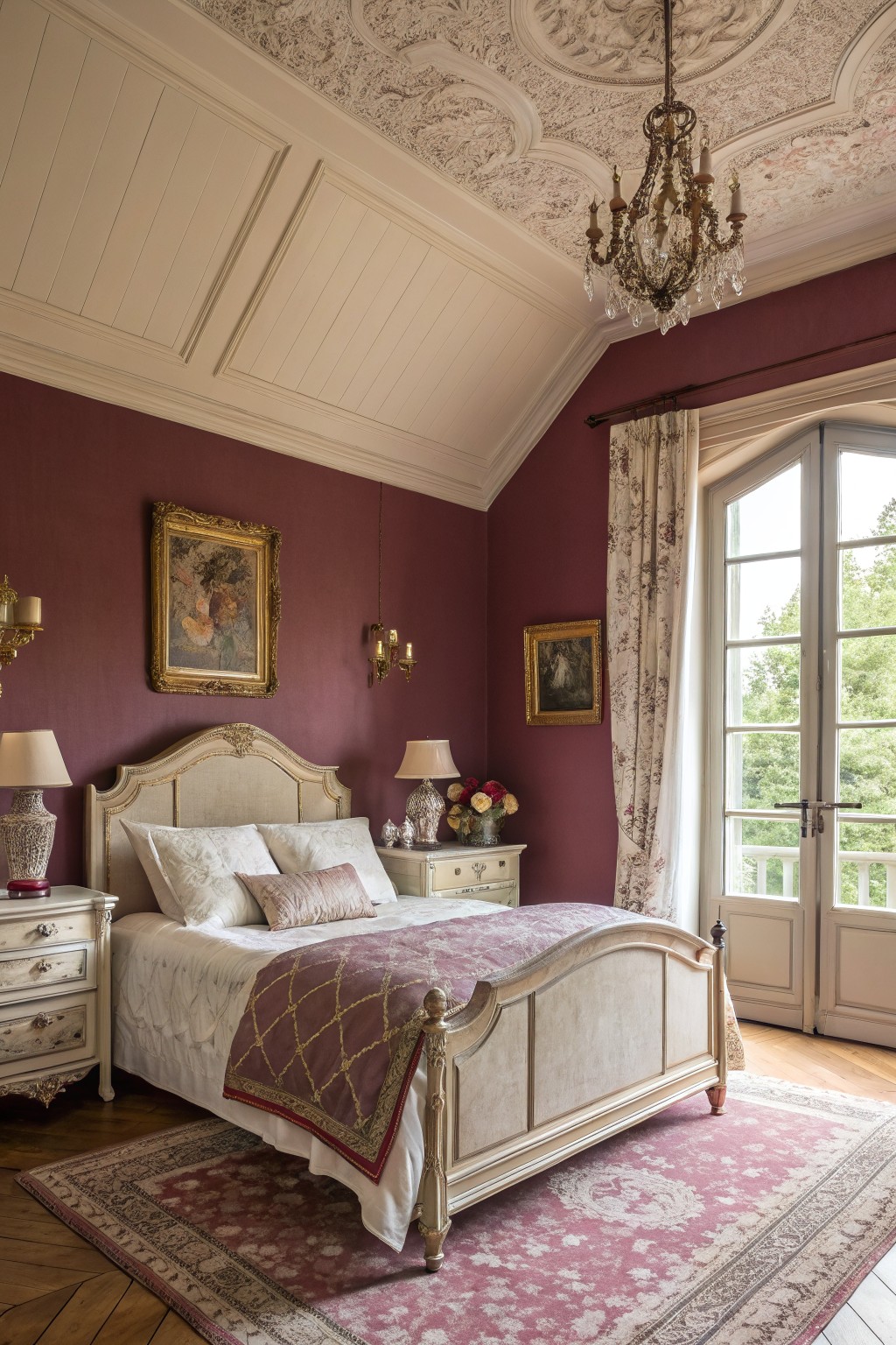 Bedroom interior with deep burgundy walls, ornate cream woodwork, gilded bed frame draped in maroon bedding, chandelier, and French doors to balcony