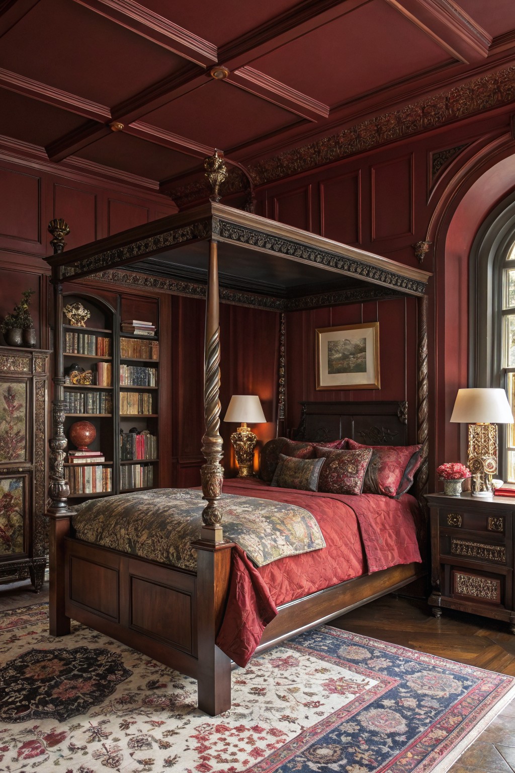 Deep burgundy paneled walls in a moody bedroom with dark wood four-poster bed, bookshelves, and brass lamps