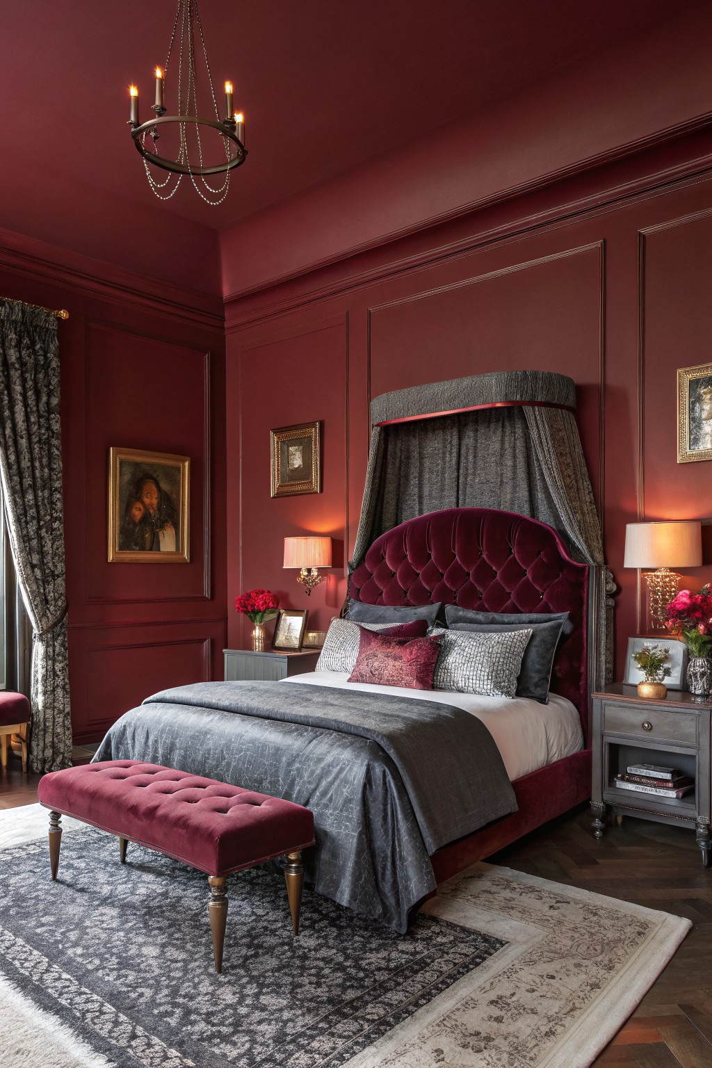 Luxurious bedroom with deep burgundy paneled walls, velvet canopy bed, chandelier, and mixed gray textiles on hardwood floors