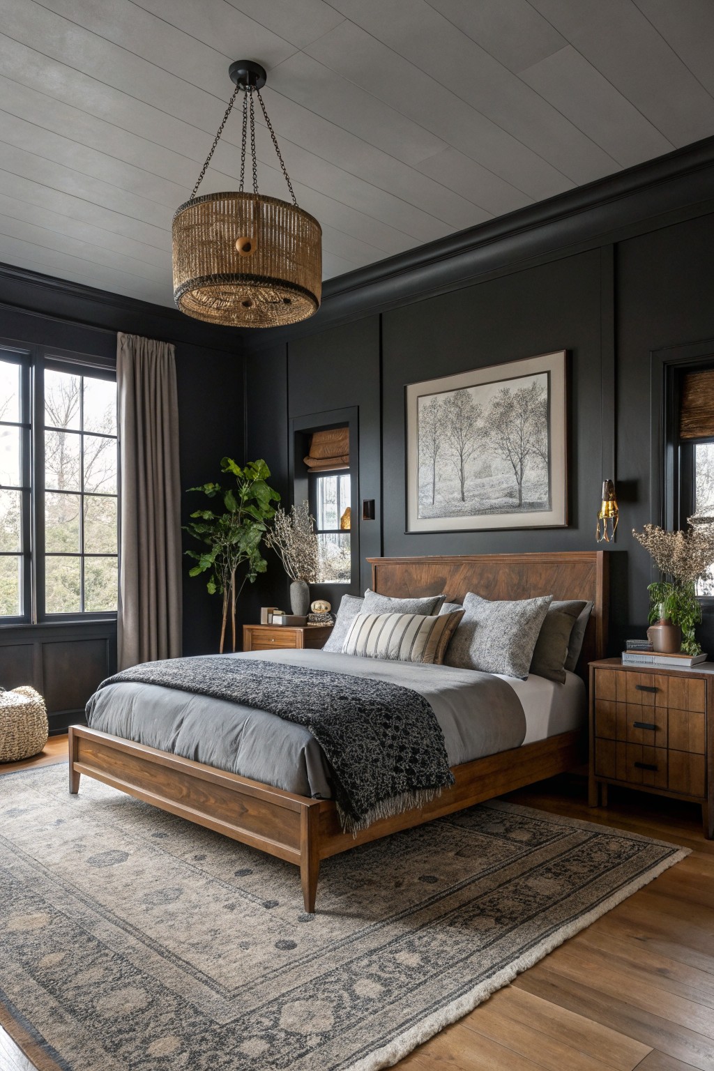 Moody bedroom featuring deep charcoal gray walls, warm wood bed frame, rattan pendant light, potted plants, and neutral area rug